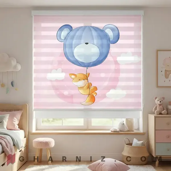 پرده زبرا اتاق کودک طرح روباه و بادکنک خرسی Fox & Bear Balloon