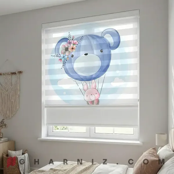 پرده زبرا اتاق کودک طرح خرگوش و بادکنک خرسی گل‌دار Floral Bear Balloon