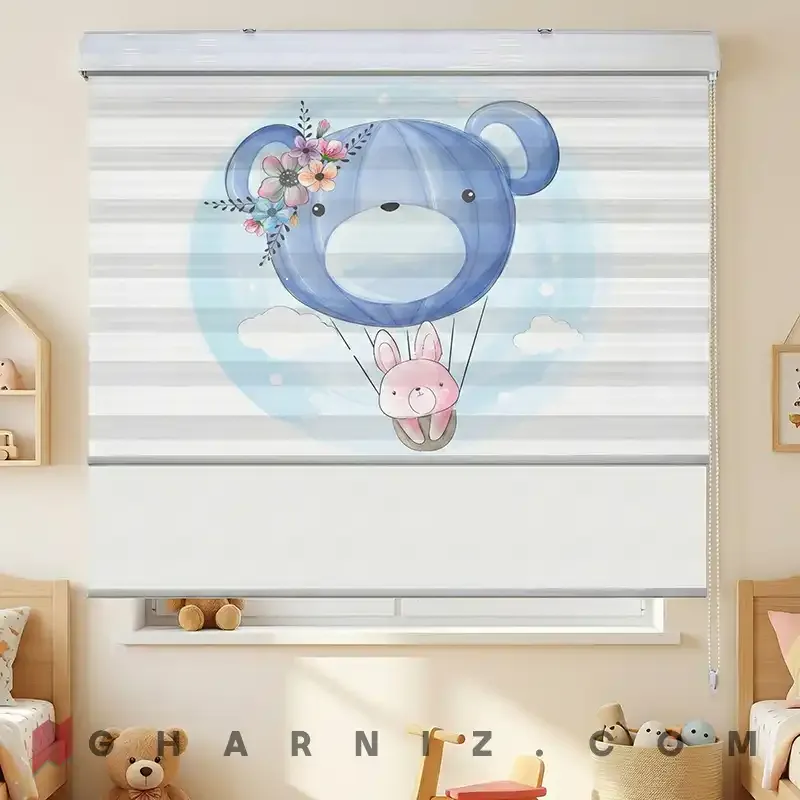 پرده زبرا اتاق کودک طرح خرگوش و بادکنک خرسی گل‌دار Floral Bear Balloon کد gh-zk195 — تصویر 2