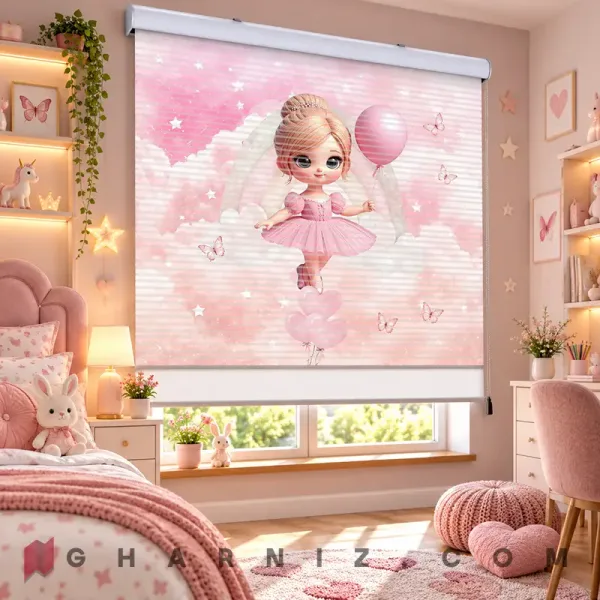 پرده زبرا اتاق کودک طرح بالرین و بادکنک صورتی Pink Ballet Wishes