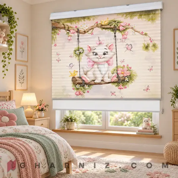 پرده زبرا اتاق کودک طرح بچه‌گربه روی تاب گل‌دار Kitten Blossom Swing