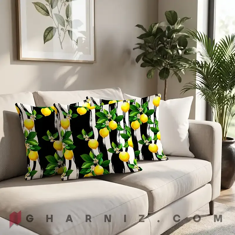 کاور کوسن مخمل طرح لیمو و نوار پهن مشکی کد gh-c806 — تصویر 6