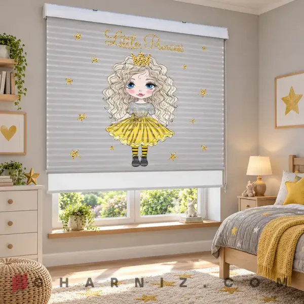 پرده زبرا اتاق کودک طرح پرنسس دامن زرد و ستاره‌های طلایی Little Princess