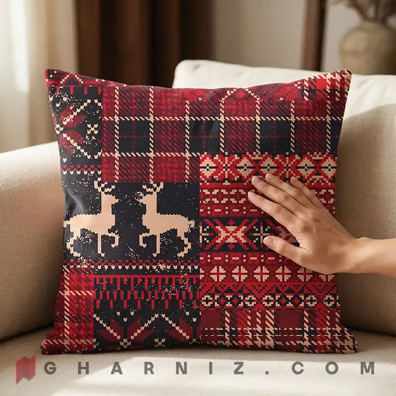 کاور کوسن مخمل طرح چهل‌ تکه زمستانی گوزن کد gh-c792 — تصویر 7