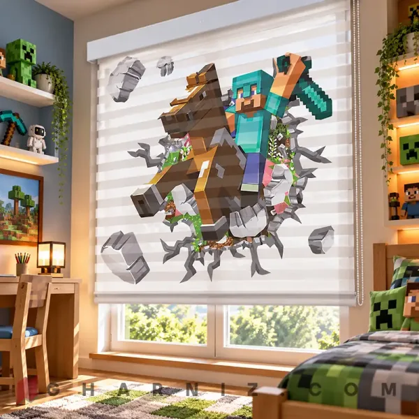 پرده زبرا اتاق کودک طرح ماینکرفت سوار بر اسب Minecraft Adventure