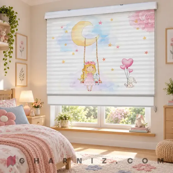 پرده زبرا اتاق کودک طرح دختر روی تاب ماه و خرگوش Moonlight Swing