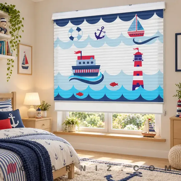 پرده زبرا اتاق کودک طرح کشتی و فانوس دریایی میان موج‌ها Little Sailor
