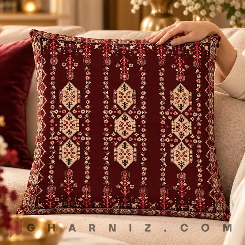 کاور کوسن مخمل طرح گلیم عشایری سه‌ ستونه کد gh-c815 — تصویر 8