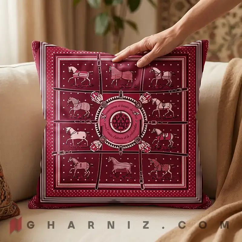 کاور کوسن مخمل طرح اسب و یراق با حاشیه بته‌ جقه کد gh-c770 — تصویر 13