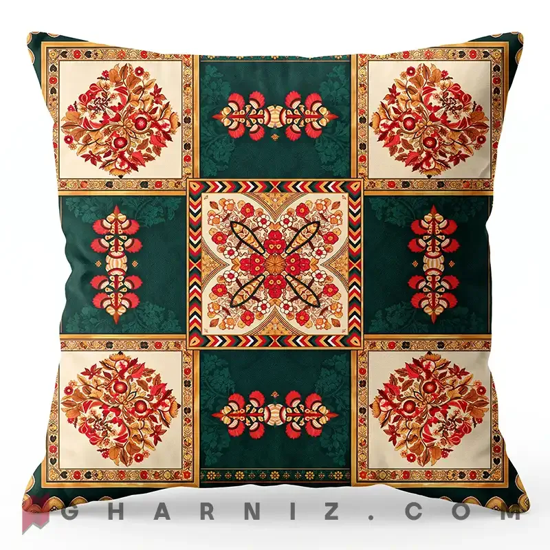 کاور کوسن مخمل طرح ترنج و دسته‌ گل قاب‌ دار کد gh-c816 — تصویر 2