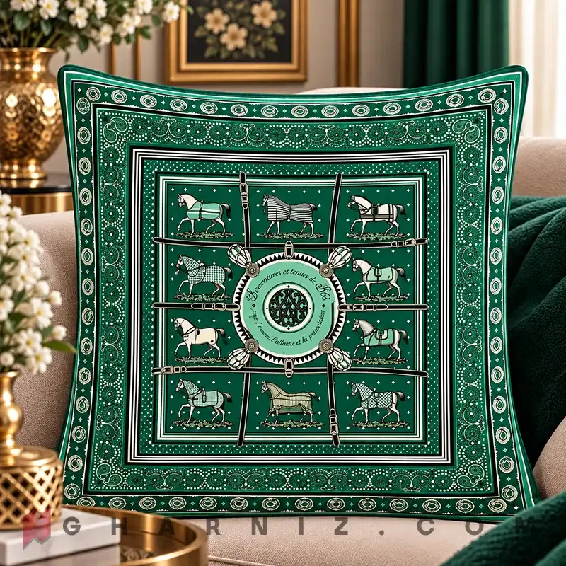 کاور کوسن مخمل طرح اسب و یراق با حاشیه بته‌ جقه کد gh-c770 — تصویر 11