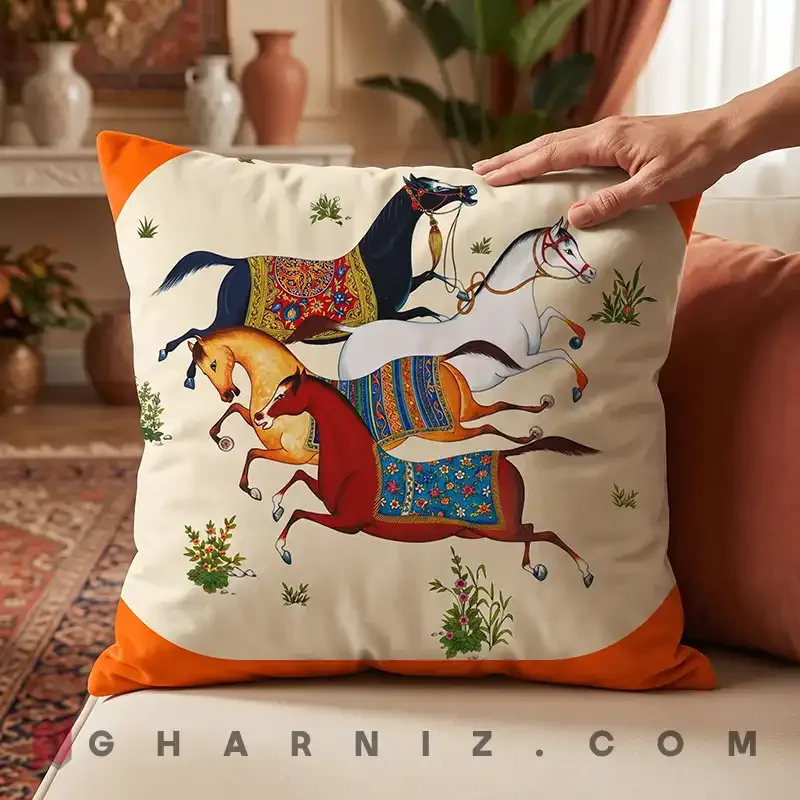 کاور کوسن مخمل طرح نگارگری اسب‌ها کد gh-c777 — تصویر 9