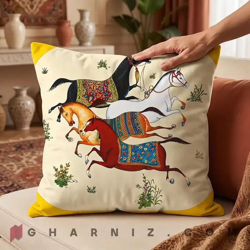کاور کوسن مخمل طرح نگارگری اسب‌ها کد gh-c777 — تصویر 15