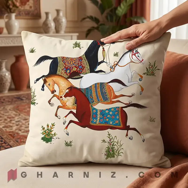 کاور کوسن مخمل طرح نگارگری اسب‌ها کد gh-c777 — تصویر 12
