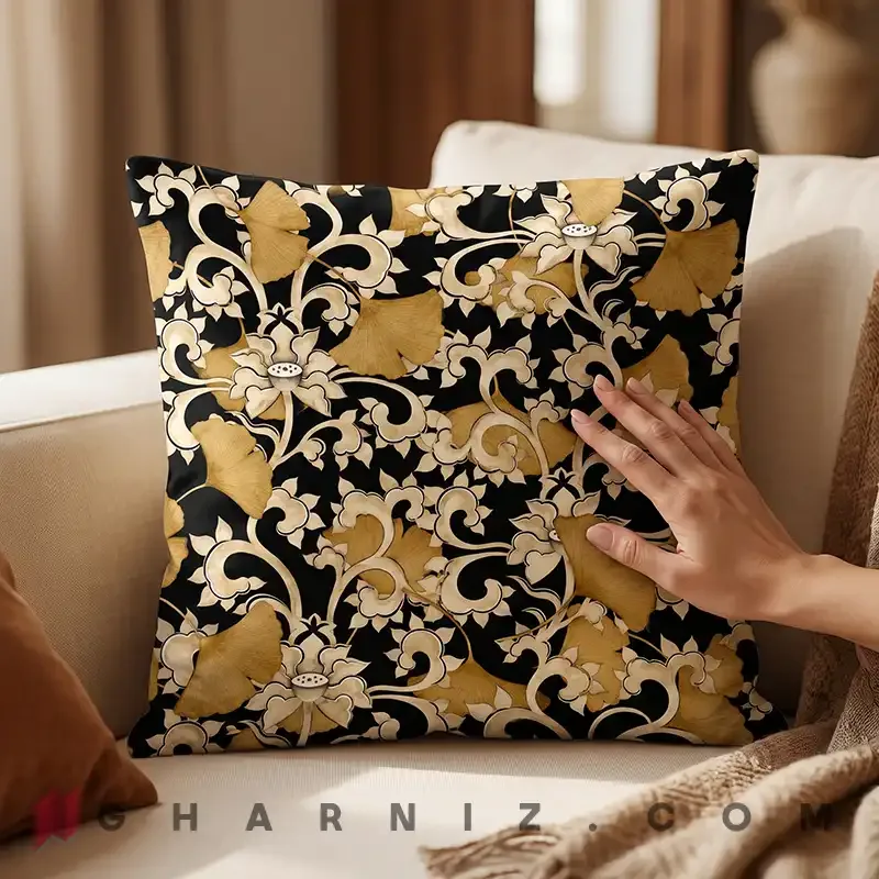 کاور کوسن مخمل طرح برگ جینکو و گل نیلوفر کد gh-c754 — تصویر 10