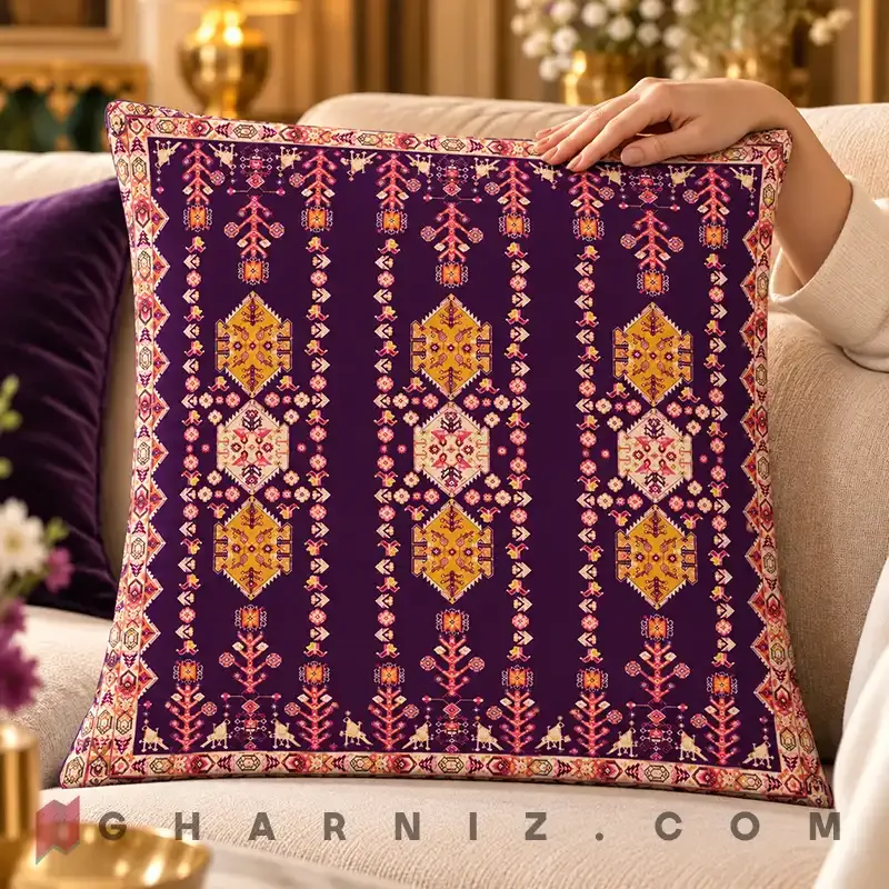 کاور کوسن مخمل طرح گلیم عشایری سه‌ ستونه کد gh-c815 — تصویر 10