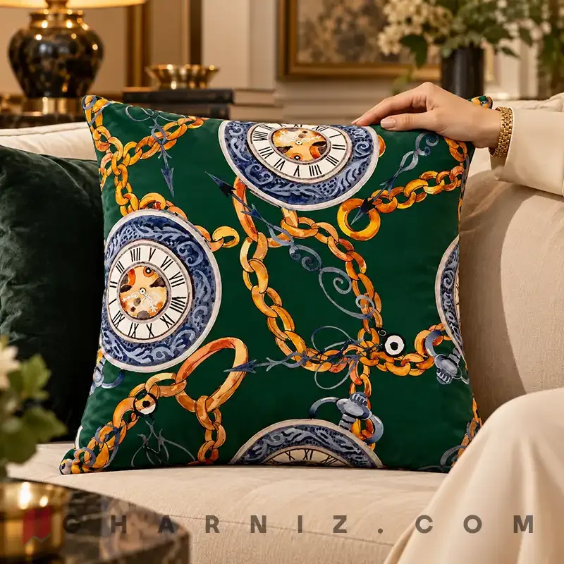 کاور کوسن مخمل طرح ساعت جیبی و زنجیر کد gh-c778 — تصویر 7