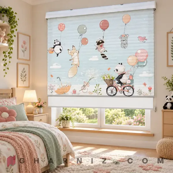 پرده زبرا اتاق کودک طرح پاندا دوچرخه‌سوار و حیوانات بادکنکی Balloon Friends
