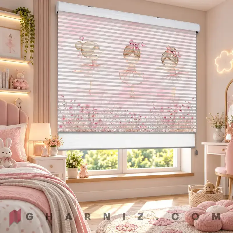 پرده زبرا اتاق کودک طرح سه بالرین و گل‌های صورتی Ballet Garden کد gh-zk196 — تصویر 2