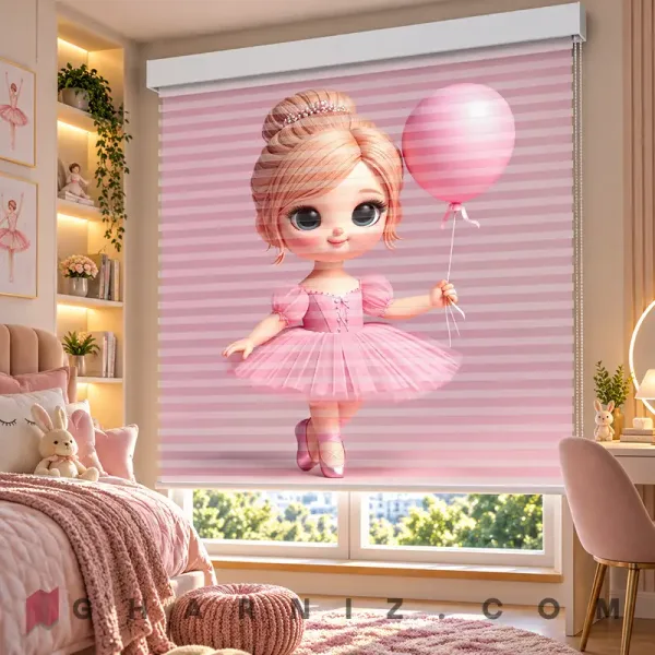پرده زبرا اتاق کودک طرح بالرین عروسکی و بادکنک صورتی Little Ballet Doll