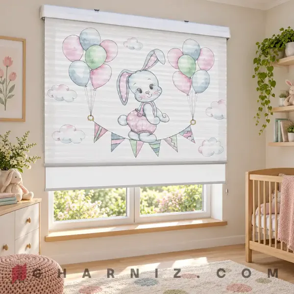 پرده زبرا اتاق کودک طرح خرگوش و ریسه بادکنکی Bunny Celebration
