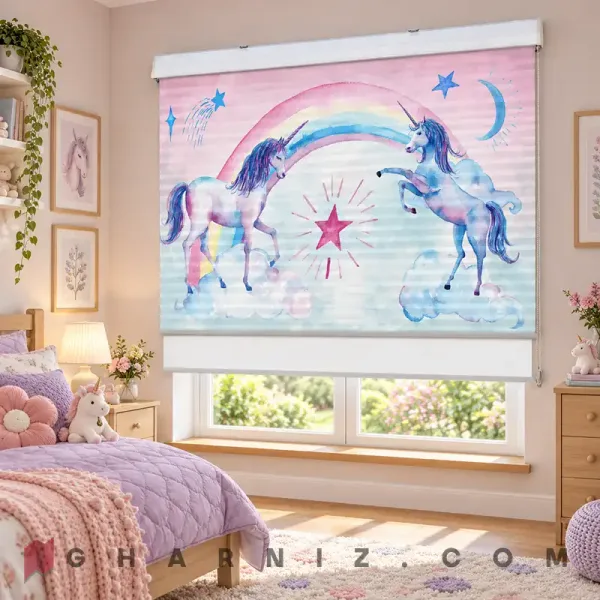 پرده زبرا اتاق کودک طرح دو یونیکورن و رنگین‌کمان Unicorn Wishes