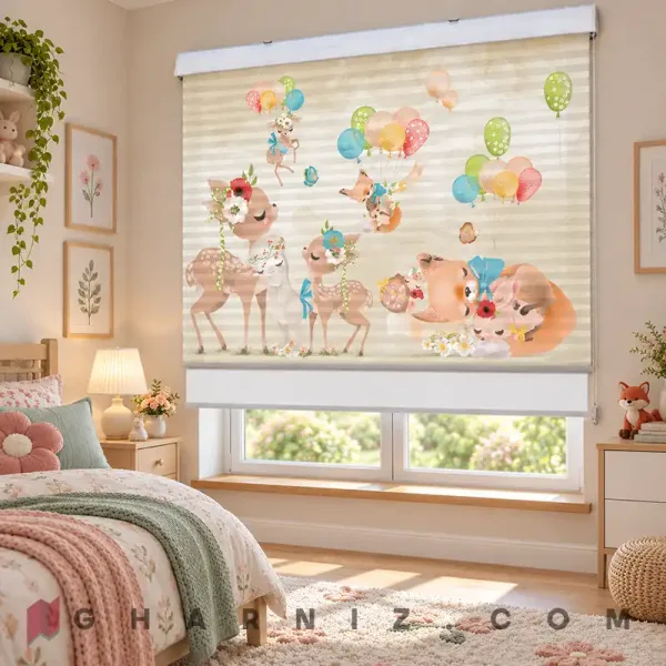 پرده زبرا اتاق کودک طرح آهو و روباه‌های بادکنکی Woodland Buddies
