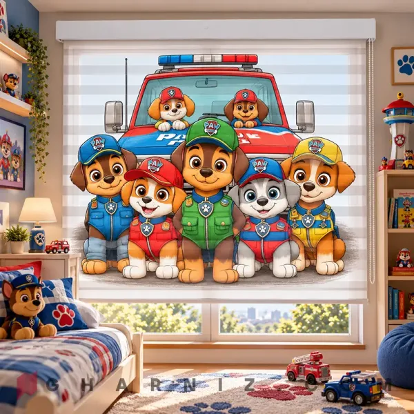 پرده زبرا اتاق کودک طرح سگ‌های نگهبان و ماشین امداد Paw Patrol Rescue