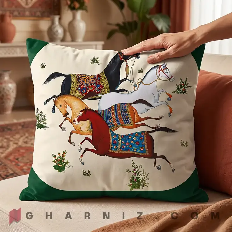 کاور کوسن مخمل طرح نگارگری اسب‌ها کد gh-c777 — تصویر 16