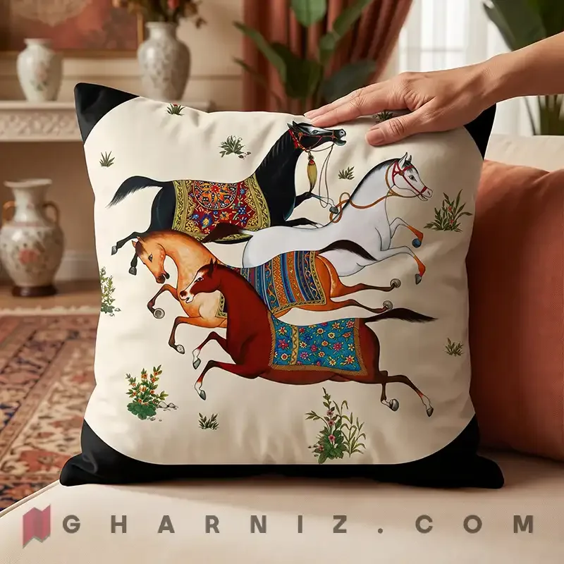 کاور کوسن مخمل طرح نگارگری اسب‌ها کد gh-c777 — تصویر 11