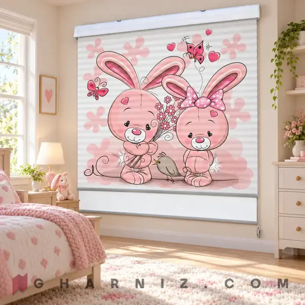 پرده زبرا اتاق کودک طرح دو خرگوش صورتی و دسته گل Pink Bunny Love