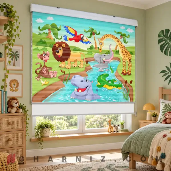 پرده زبرا اتاق کودک طرح حیوانات جنگل و رودخانه Jungle Splash