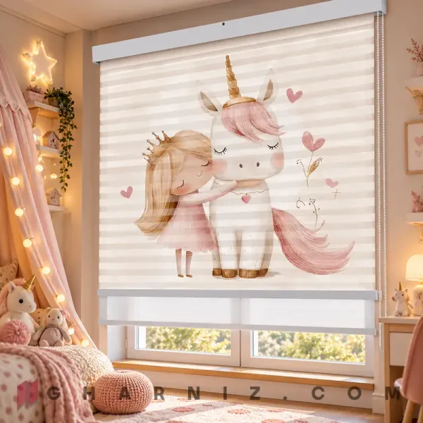 پرده زبرا اتاق کودک طرح پرنسس در آغوش یونیکورن Unicorn Hug