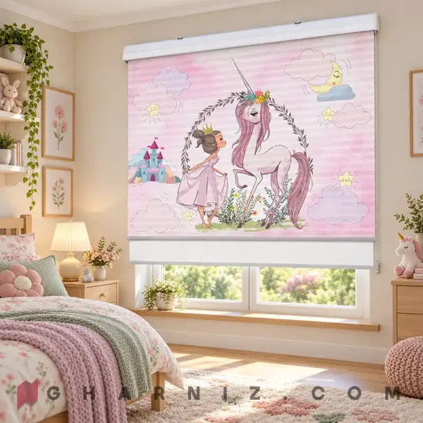 پرده زبرا اتاق کودک طرح پرنسس و یونیکورن در حلقه برگ Enchanted Garden