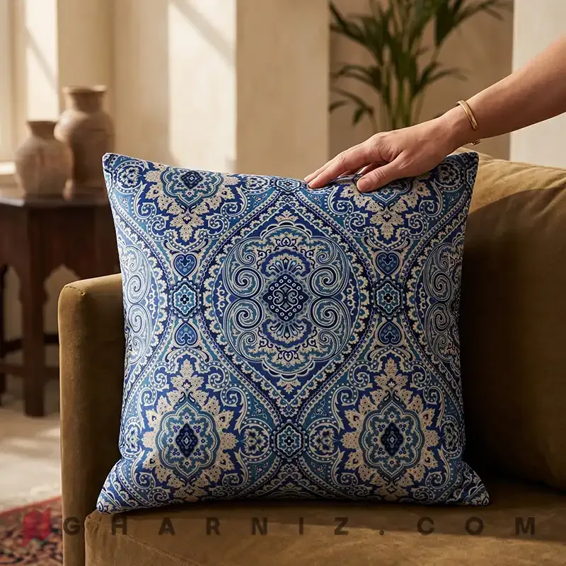 کاور کوسن مخمل طرح ترنج آبی کد gh-c744 — تصویر 2