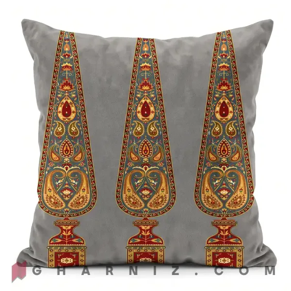 کاور کوسن مخمل طرح سرو و بته‌ جقه طوسی