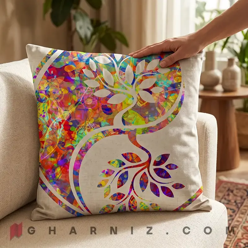 کاور کوسن مخمل طرح درخت زندگی یین یانگ رنگی کد gh-c748 — تصویر 2