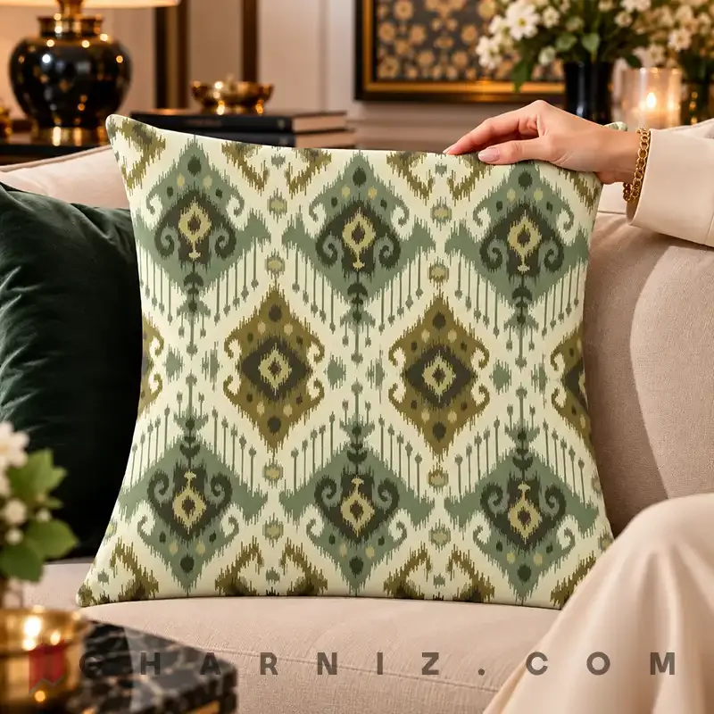 کاور کوسن مخمل طرح ایکات لوزی کد gh-c782 — تصویر 6