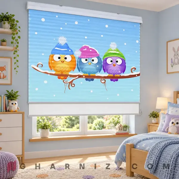 پرده زبرا اتاق کودک طرح سه جغد با کلاه زمستانی Winter Owls