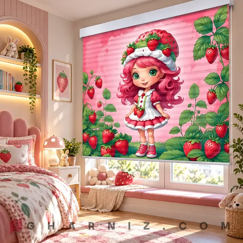 پرده زبرا اتاق کودک طرح دختر توت‌فرنگی در باغ صورتی Strawberry Garden کد gh-zk210- — تصویر 2