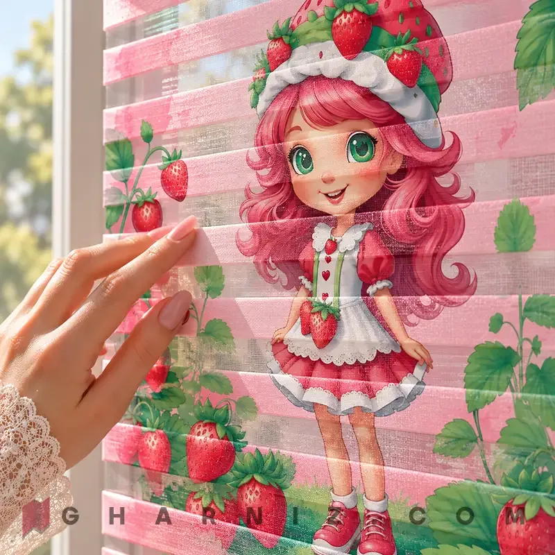 پرده زبرا اتاق کودک طرح دختر توت‌فرنگی در باغ صورتی Strawberry Garden کد gh-zk210- — تصویر 4