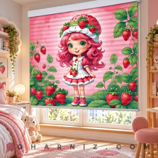 پرده زبرا اتاق کودک طرح دختر توت‌فرنگی در باغ صورتی Strawberry Garden