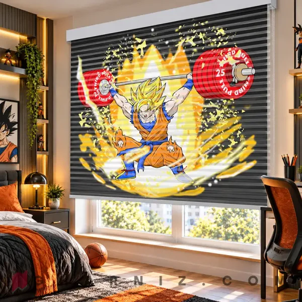 پرده زبرا اتاق پسرانه طرح گوکو سوپر سایان و هالتر Saiyan Power