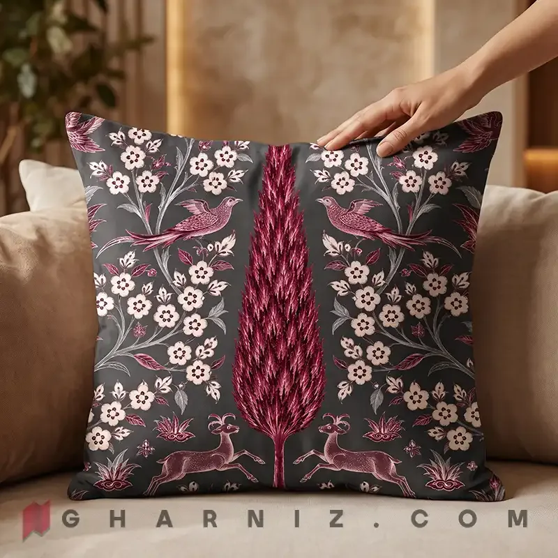 کاور کوسن مخمل طرح سرو، پرنده و آهو کد gh-c824 — تصویر 7