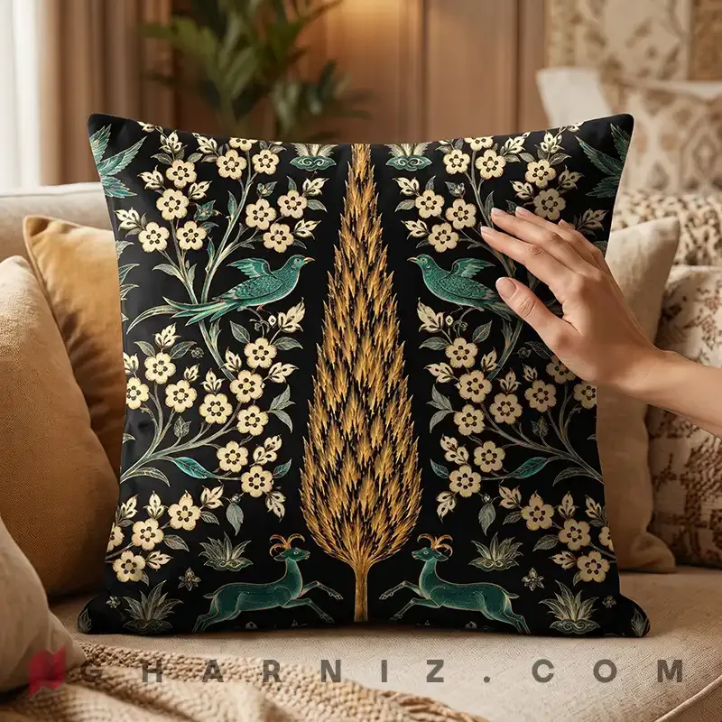 کاور کوسن مخمل طرح سرو، پرنده و آهو کد gh-c824 — تصویر 11