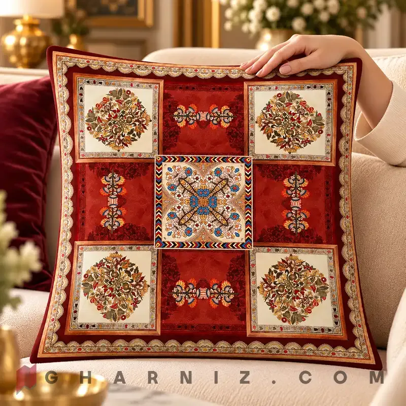 کاور کوسن مخمل طرح ترنج و دسته‌ گل قاب‌ دار کد gh-c816 — تصویر 5