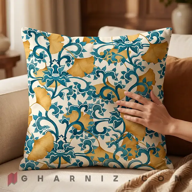 کاور کوسن مخمل طرح برگ جینکو و گل نیلوفر کد gh-c754 — تصویر 9