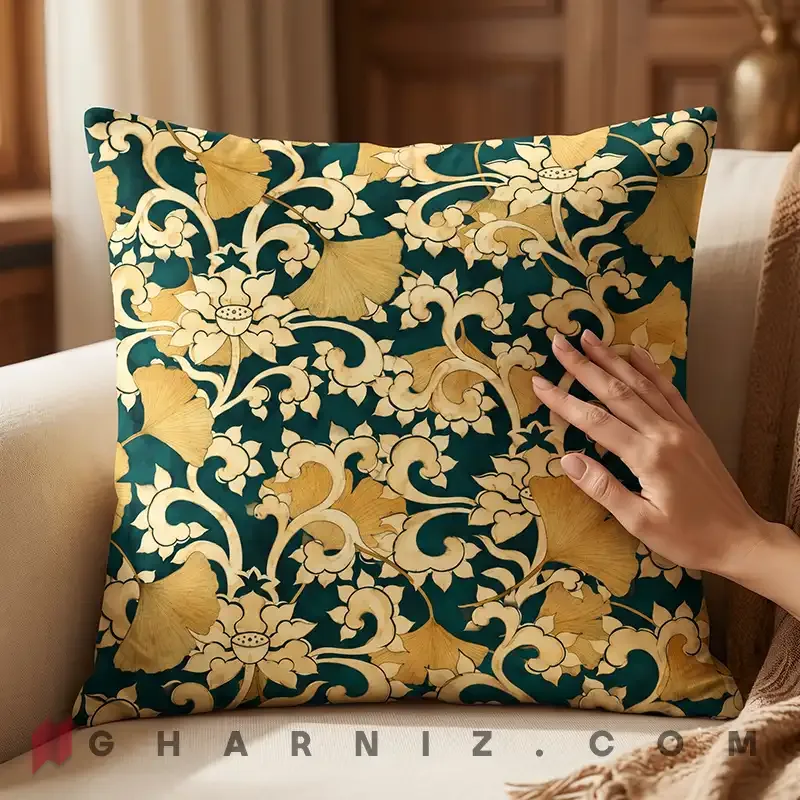 کاور کوسن مخمل طرح برگ جینکو و گل نیلوفر کد gh-c754 — تصویر 13