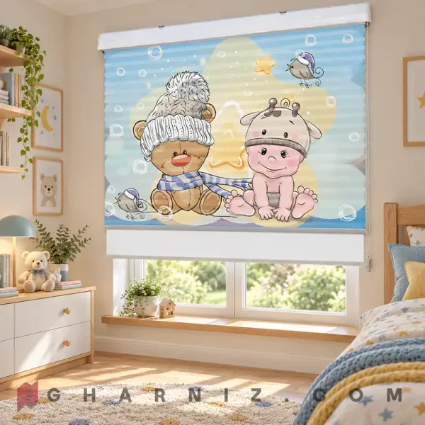 پرده زبرا اتاق کودک طرح خرس تدی و نوزاد کلاه‌دار Teddy & Baby
