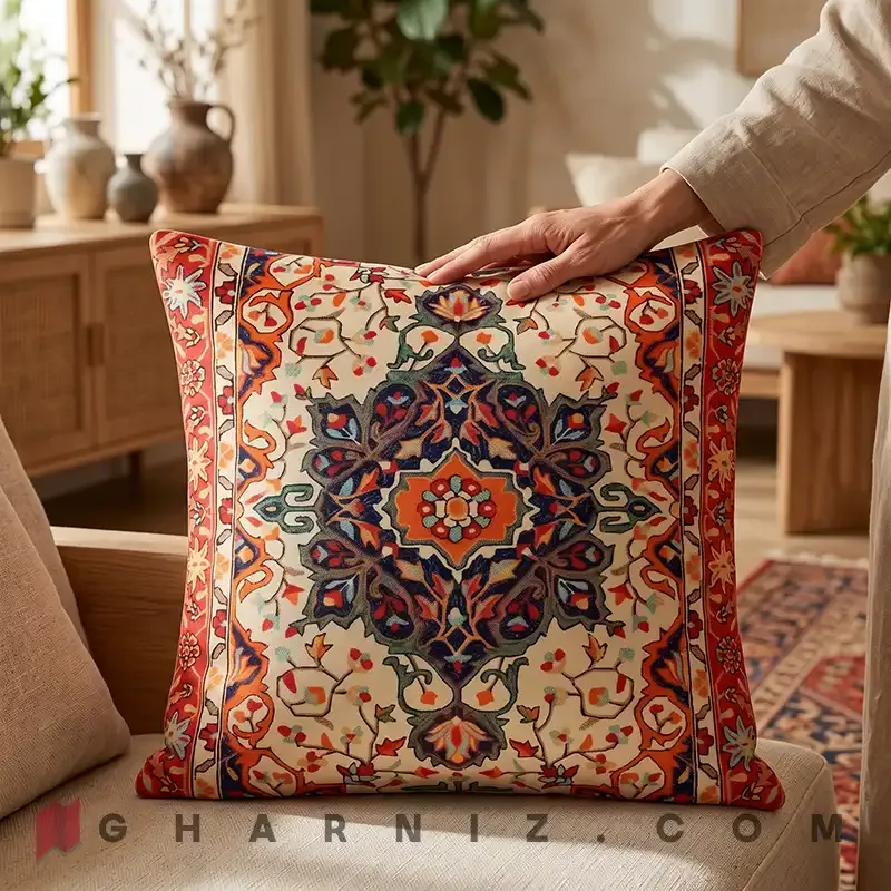 کاور کوسن مخمل طرح فرش ترنج گلدوزی کد gh-c749 — تصویر 6